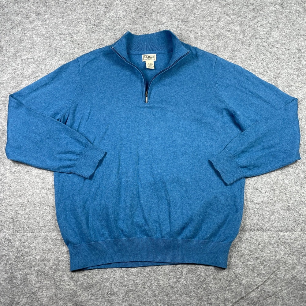 LL Bean Sweater Mens L Blue Cashmere Blend 1/4 Zip Mock Neck Pullover Outdoor